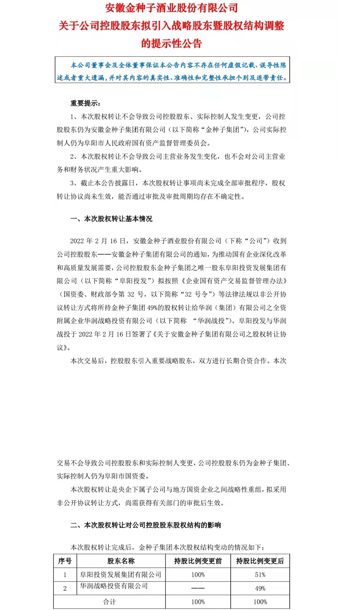 酒说突发 | 华润再出手，拟持股49%战略投资金种子集团！